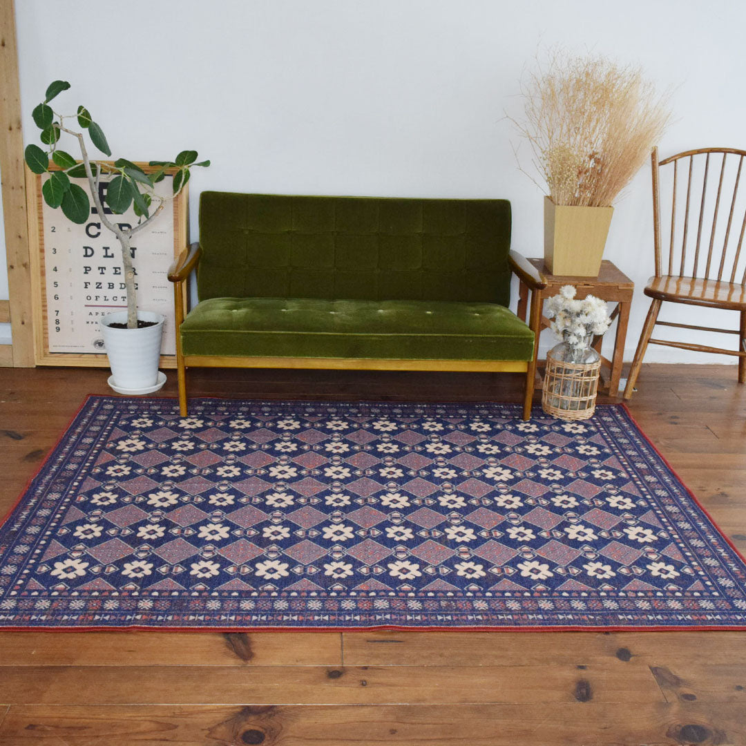 ヴィンテージ風ラグ TOCORU Series バルーチ フラワー ループ ネイビー