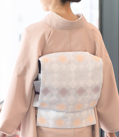 お仕立済み】西陣織名古屋帯（菱取華紋：グレー） 正絹名古屋帯