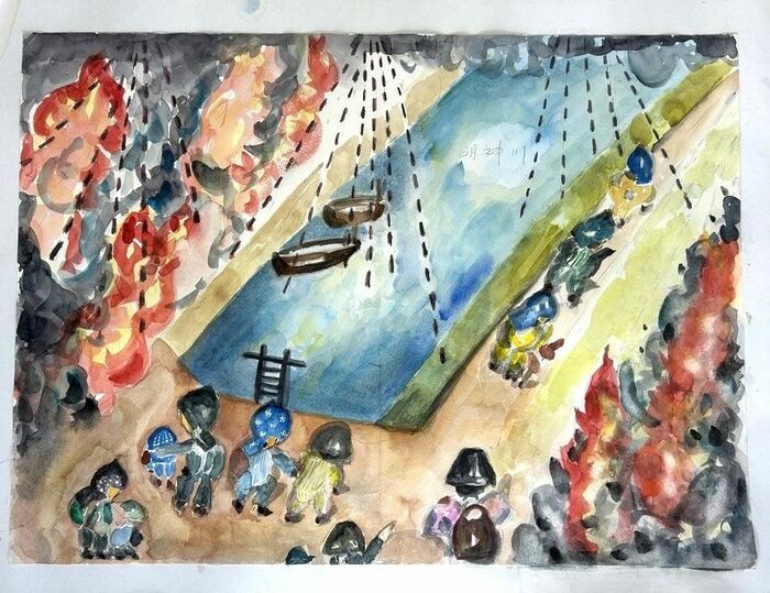 織田 阿奴 作 水彩画 森の参道」F4 水彩 « a green tunnel »(242×333mm