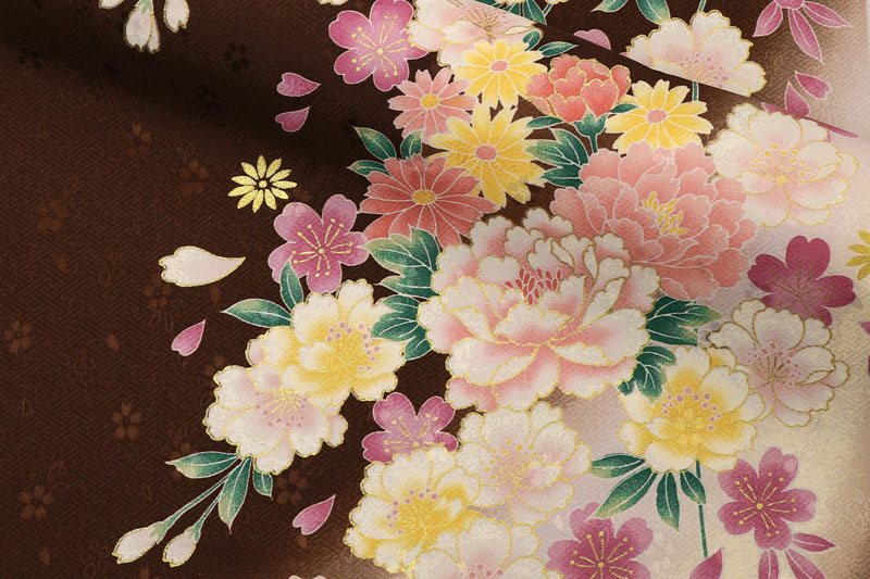 金彩友禅販売 八重桜に牡丹菊花（藤）柄の和柄生地通販なら都香庵