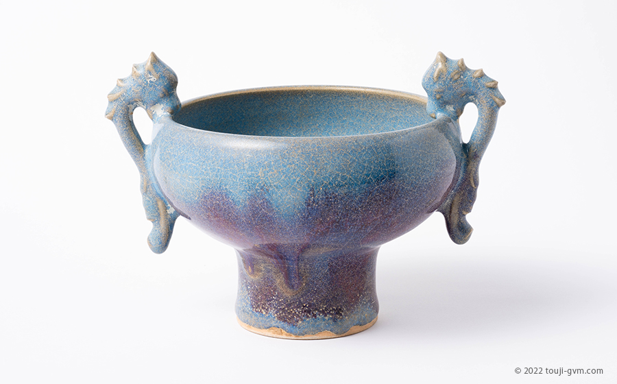 鈞窯 澱青釉紫斑 双龍耳壺 – Jun ware jar | 陶磁オンライン美術館ー