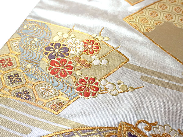 楽天市場】袋帯 正絹 西陣織 シルバー ゴールド 地紙 四季の花 牡丹 菊