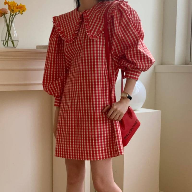 楽天市場】2color レディース ワンピース ギンガムチェック 袖あり 赤