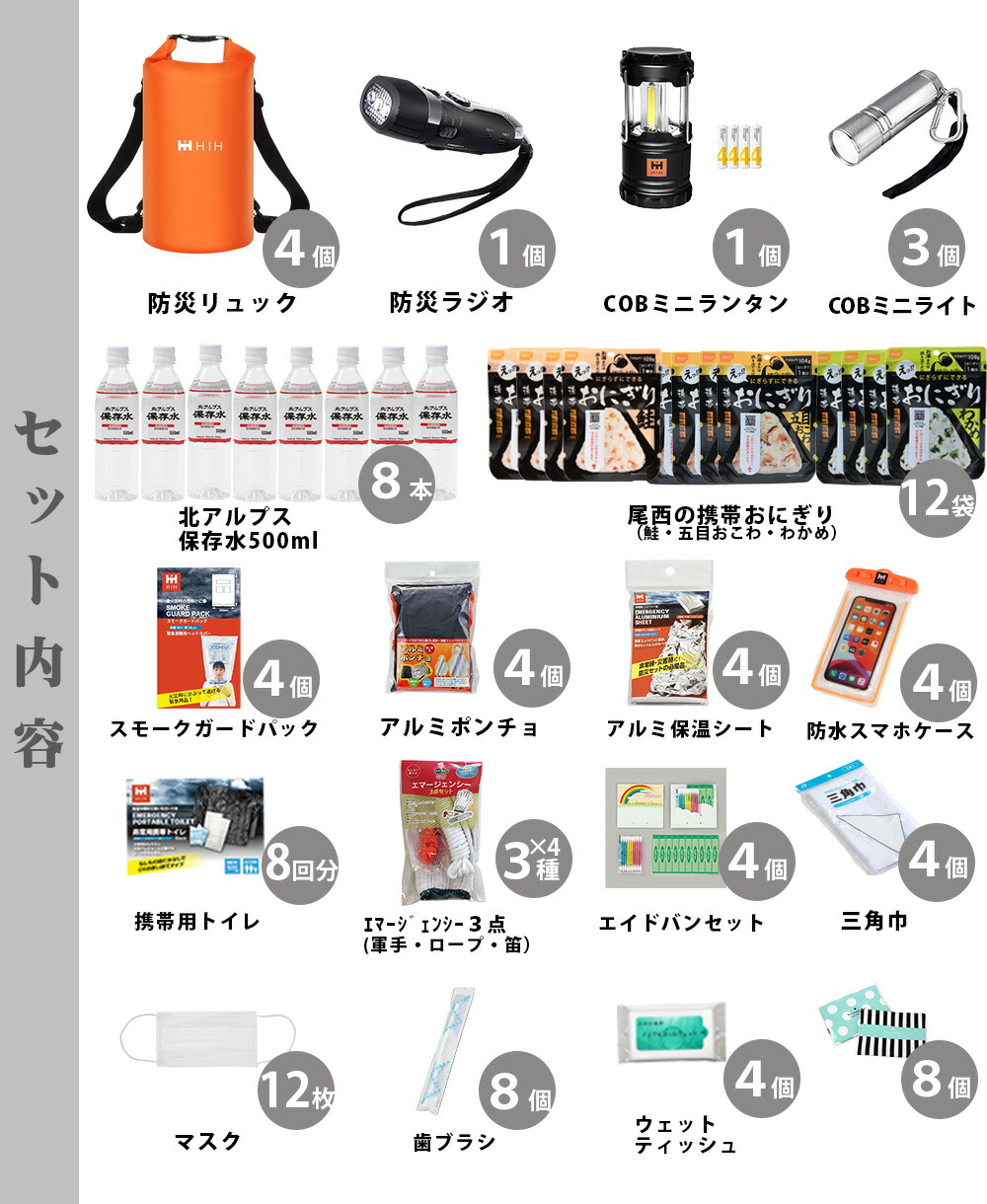 楽天市場】【IPX6完全防水バッグ4個入り】防災セット4人用 防災