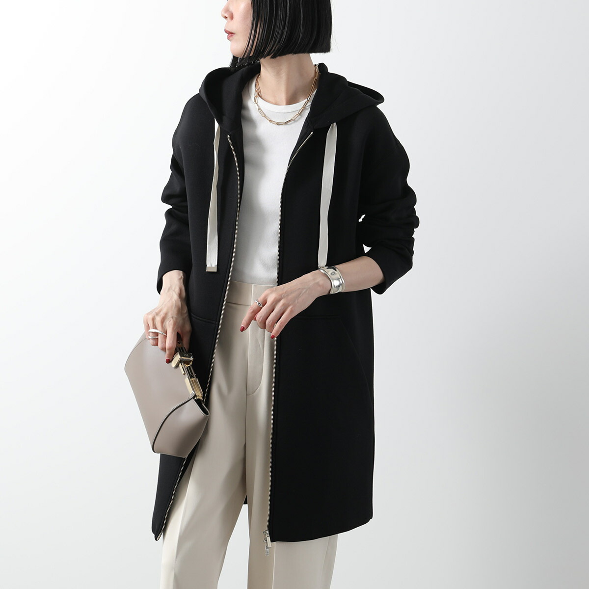 MaxMara フード付き黒コート Lサイズ Double-breasted wool midi coat