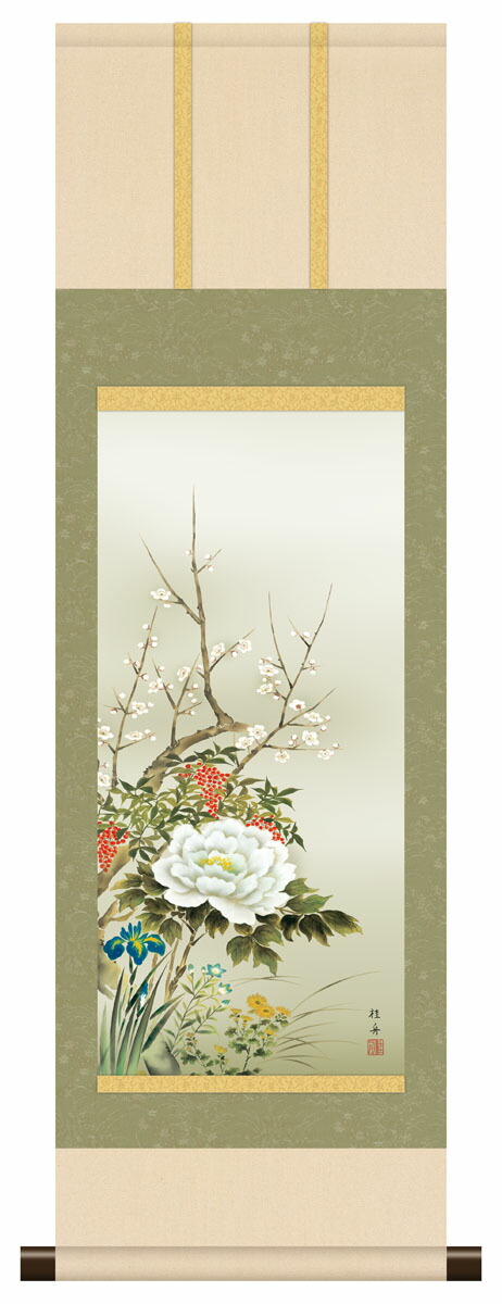 楽天市場】10年保証 掛け軸 ミニ掛け軸 和風 花鳥画 年中掛け 四季花