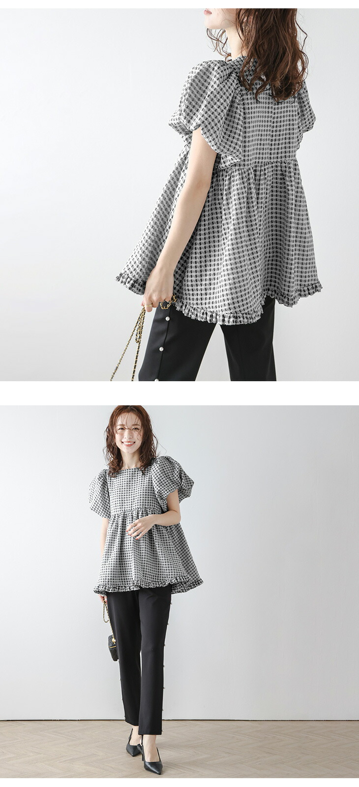 楽天市場】【半額クーポン対象】ギンガムチェック ペプラム ぽわん袖