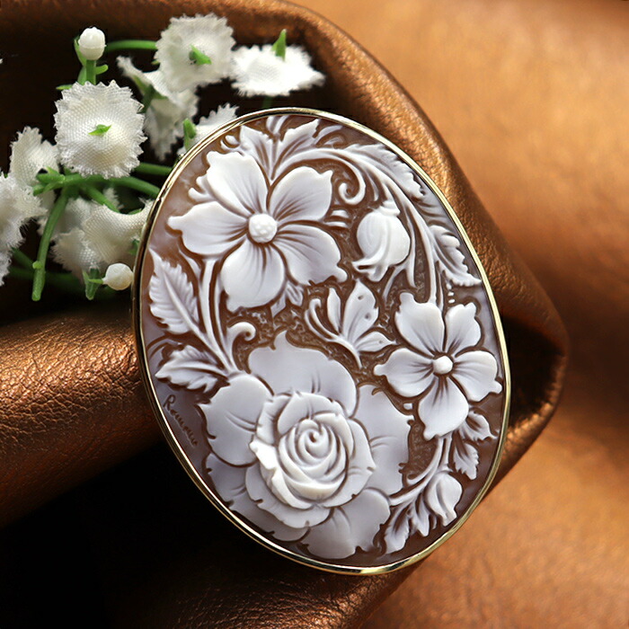 楽天市場】大きなカメオ ブローチ ネックレス 18金枠 美しいお花の図柄