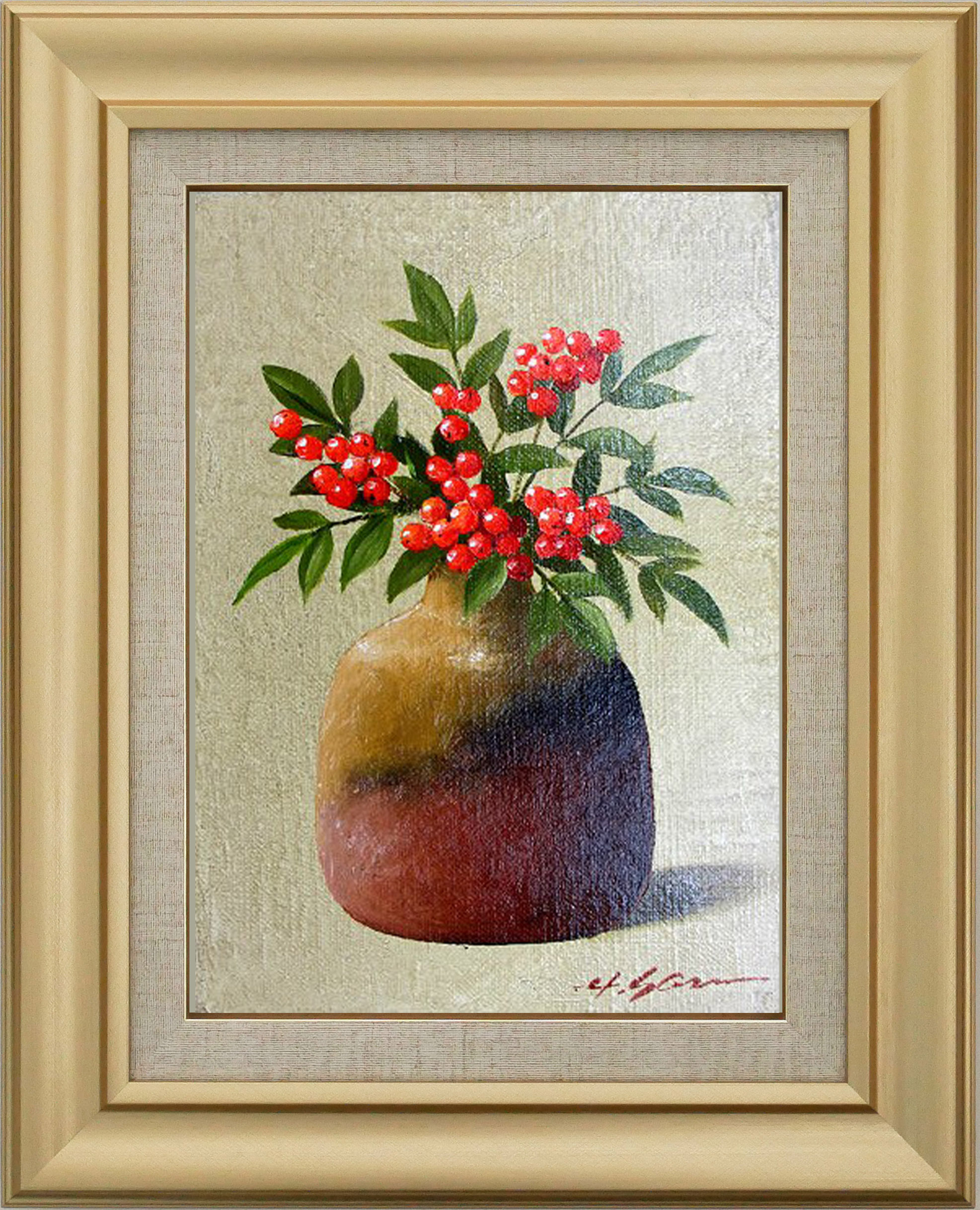 楽天市場】手描き 油絵 額入り油彩画 南天 花瓶 F6サイズ 縦 赤 冬