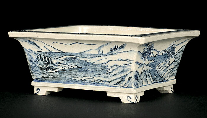 楽天市場】盆栽鉢 「高山染付山水図長方鉢」 植木鉢 絵付鉢 作家鉢