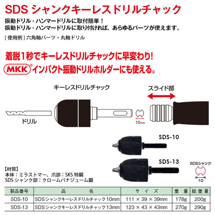 楽天市場】MKK SDSシャンク キーレスドリルチャック 対応ドリル 1mm