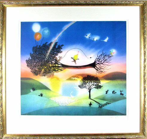 藤城清治、絵画、油彩4号こびとくんこの指とまれ新品額縁、肉筆、山下