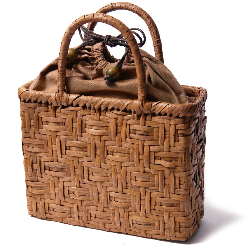 国産山葡萄 アンティークかごバッグ 手作り巾着付き セン