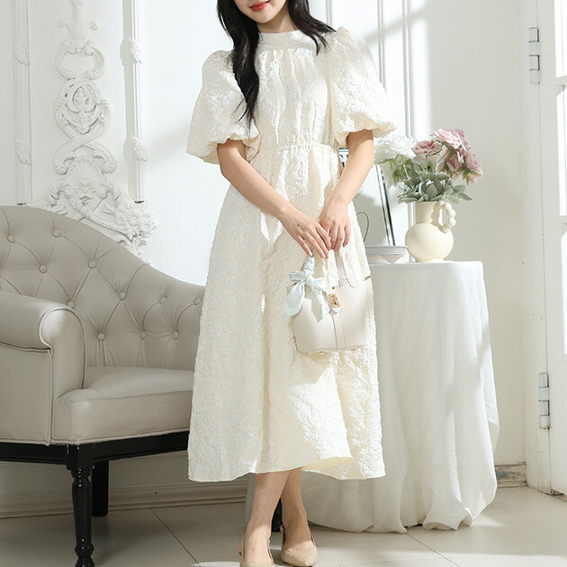 楽天市場】フラワー ジャガード バックリボン パフスリーブ ワンピース