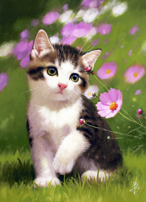 楽天市場】長岡 卓『コスモスと仔猫』油絵・油彩画 F4（4号