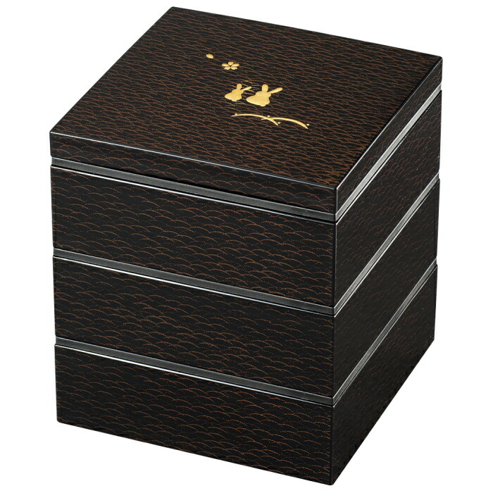 美品 うさぎ三段重箱 金彩 漆塗り＊えり善風呂敷付き 美品 うさぎ三段