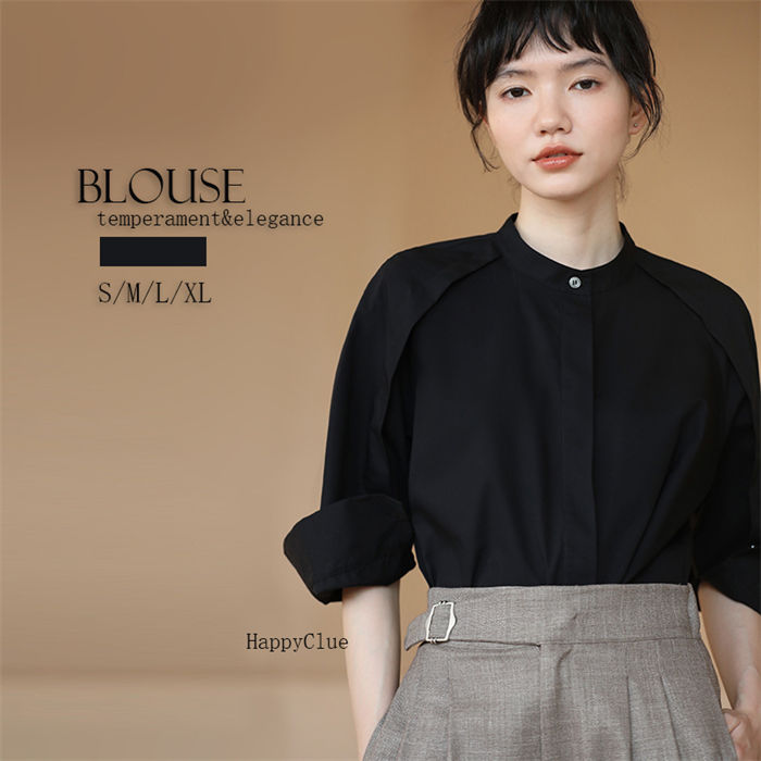 楽天市場】ブラウス ノーカラー クルーネック シャツ フォーマル 黒 OL