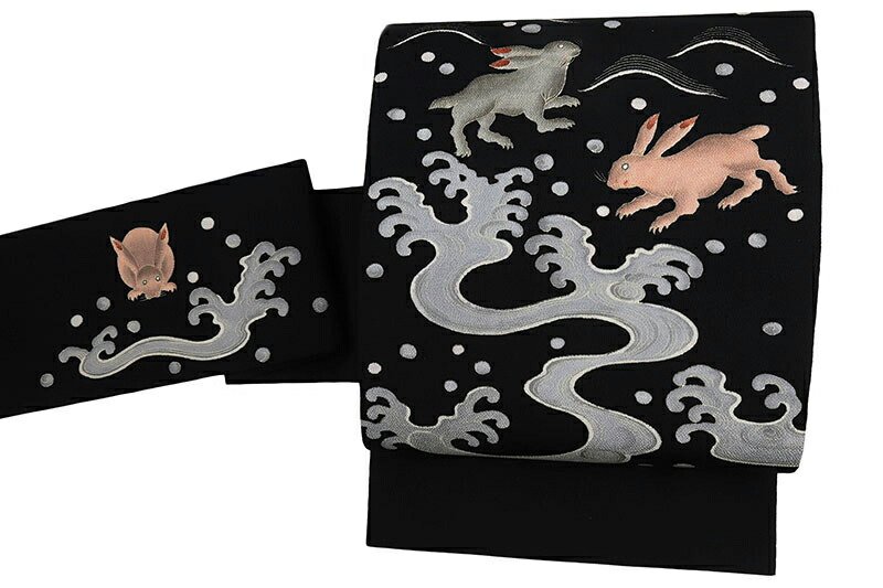 楽天市場】九寸名古屋帯 十日町友禅 秀美 浜ちりめん 黒地 波うさぎ 兎