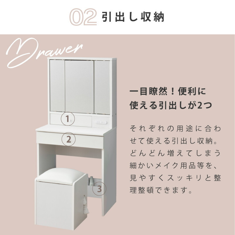 楽天市場】収納たっぷり 三面鏡 ドレッサー 60幅 スツール セット