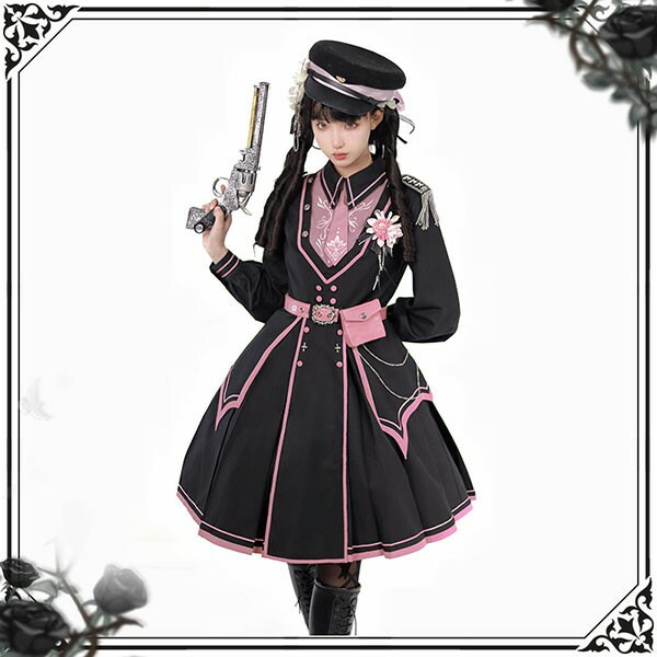 楽天市場】ロリータ ワンピース 桜柄 大正風 軍服ロリータ 黒 ピンク