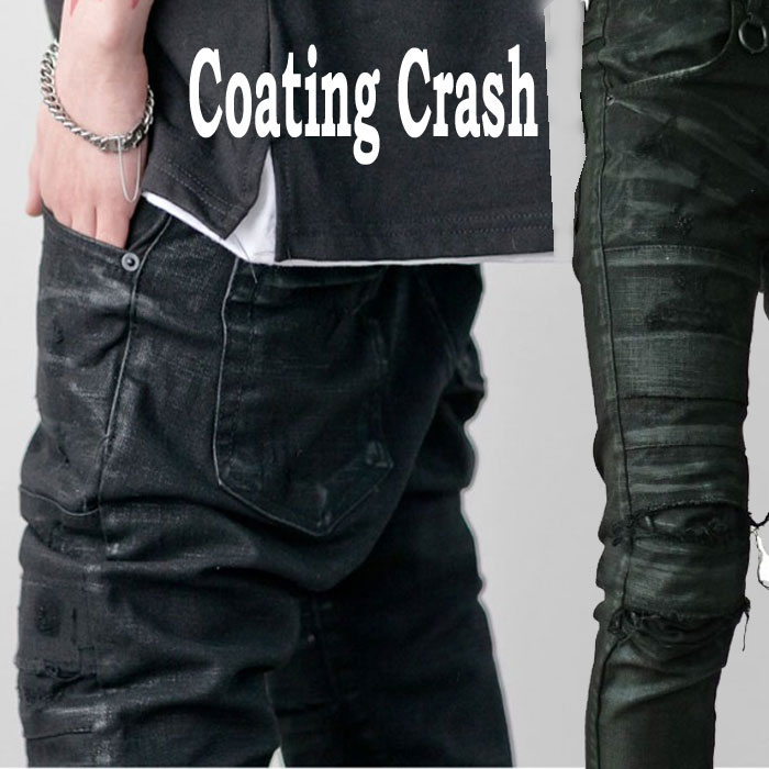 楽天市場】スキニー ダメージ ジーンズ 光沢 コーティング 黒 デニム