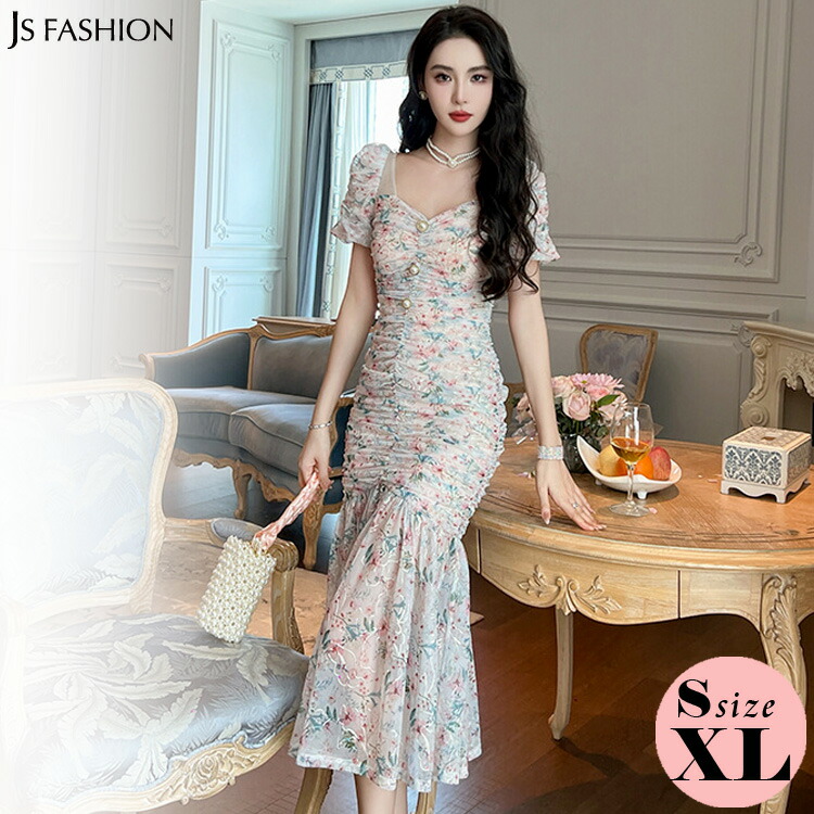 楽天市場】花柄ワンピース マーメイド シースルー ボリューム袖