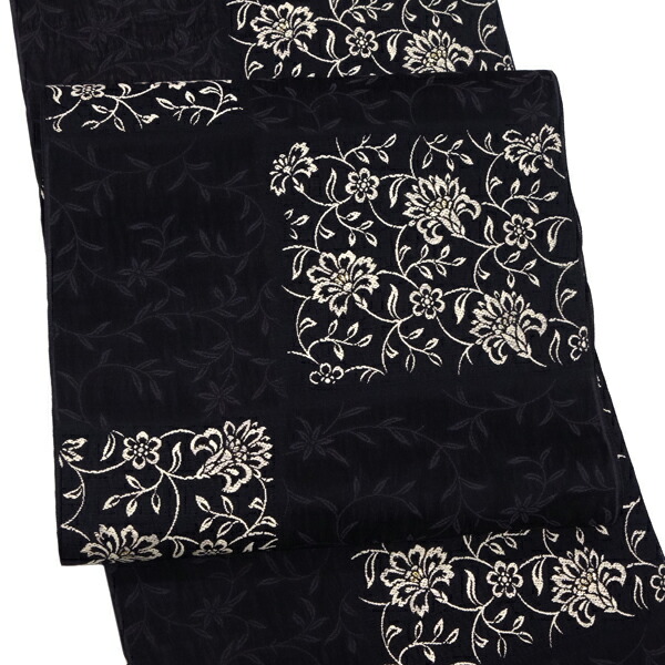 楽天市場】名古屋帯 正絹 弥栄織物 仕立て付き 黒 市松 花唐草 更紗