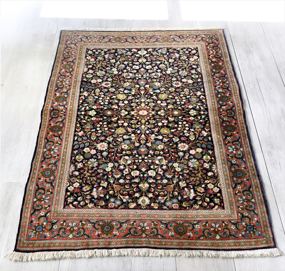 楽天市場】ペルシャ絨毯・手織りラグ/コム シルク158×105cmネイビー