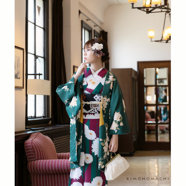 楽天市場】洗える着物 袷着物単品「矢羽根に菊 赤紫色」KIMONOMACHI