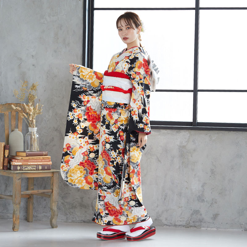 楽天市場】【成人式 振袖 レンタル】RS225黒 鶴と牡丹 きもの道楽 フル