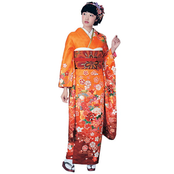 楽天市場】振袖3点セット 渋濃オレンジ地吉祥華紋様 振袖 袋帯 長襦袢