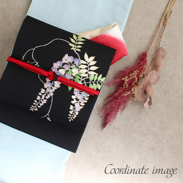 楽天市場】名古屋帯 黒 塩瀬 藤色 黄緑 九寸 帯 藤 吉川染匠 手描き