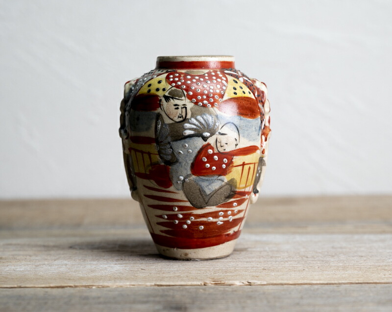 明治時代 薩摩焼「美人図小花瓶」楠部銘 箱付 花瓶 古玩 色絵 花器 古