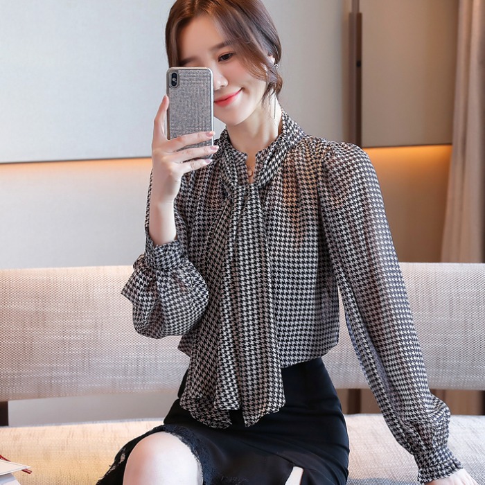 楽天市場】千鳥格子柄 ボウタイブラウス レディース 長袖 トップス