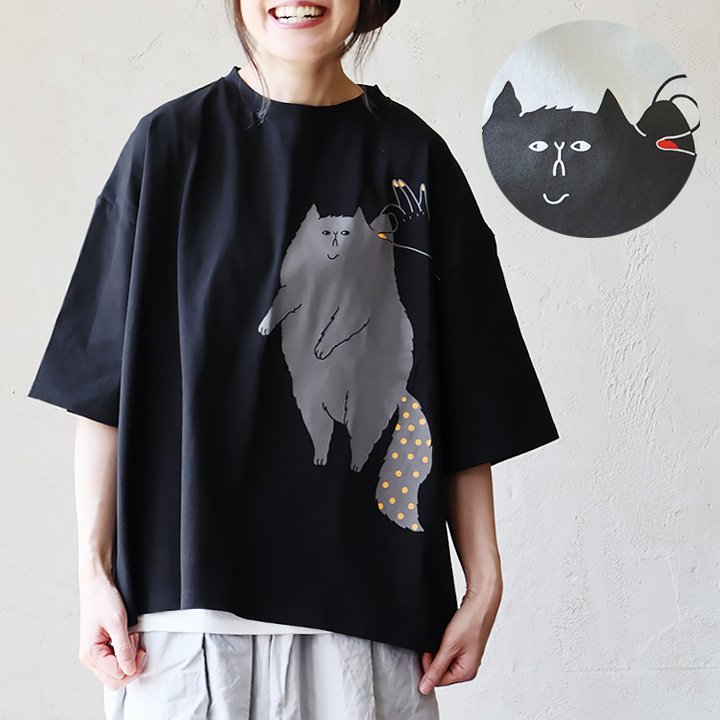 楽天市場】Tシャツ 5分袖 レディース クルーネック 猫 ネコ プリント