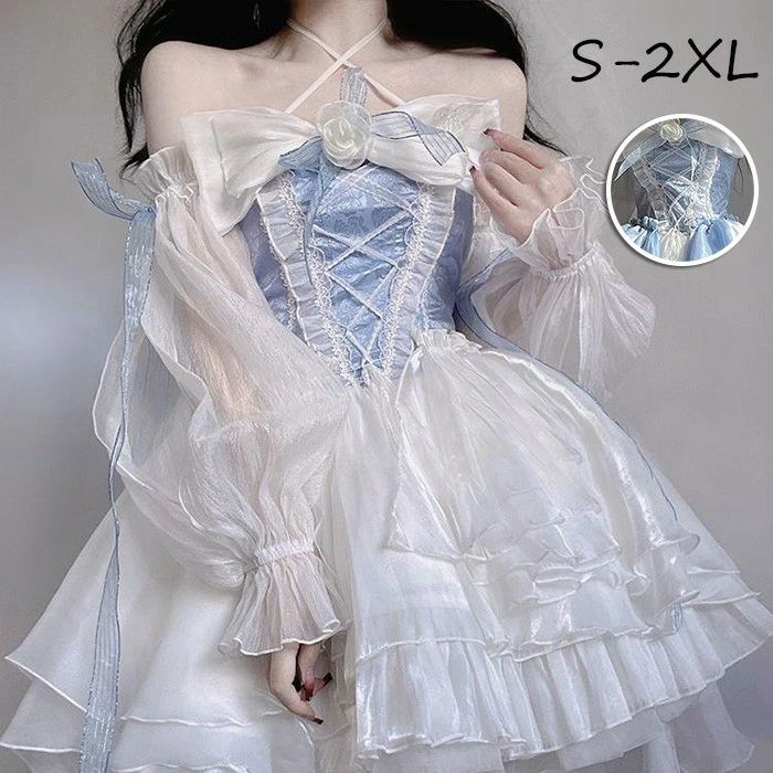 楽天市場】ワンピース ロリータ Lolita ドレス ブルー ホワイトリボン