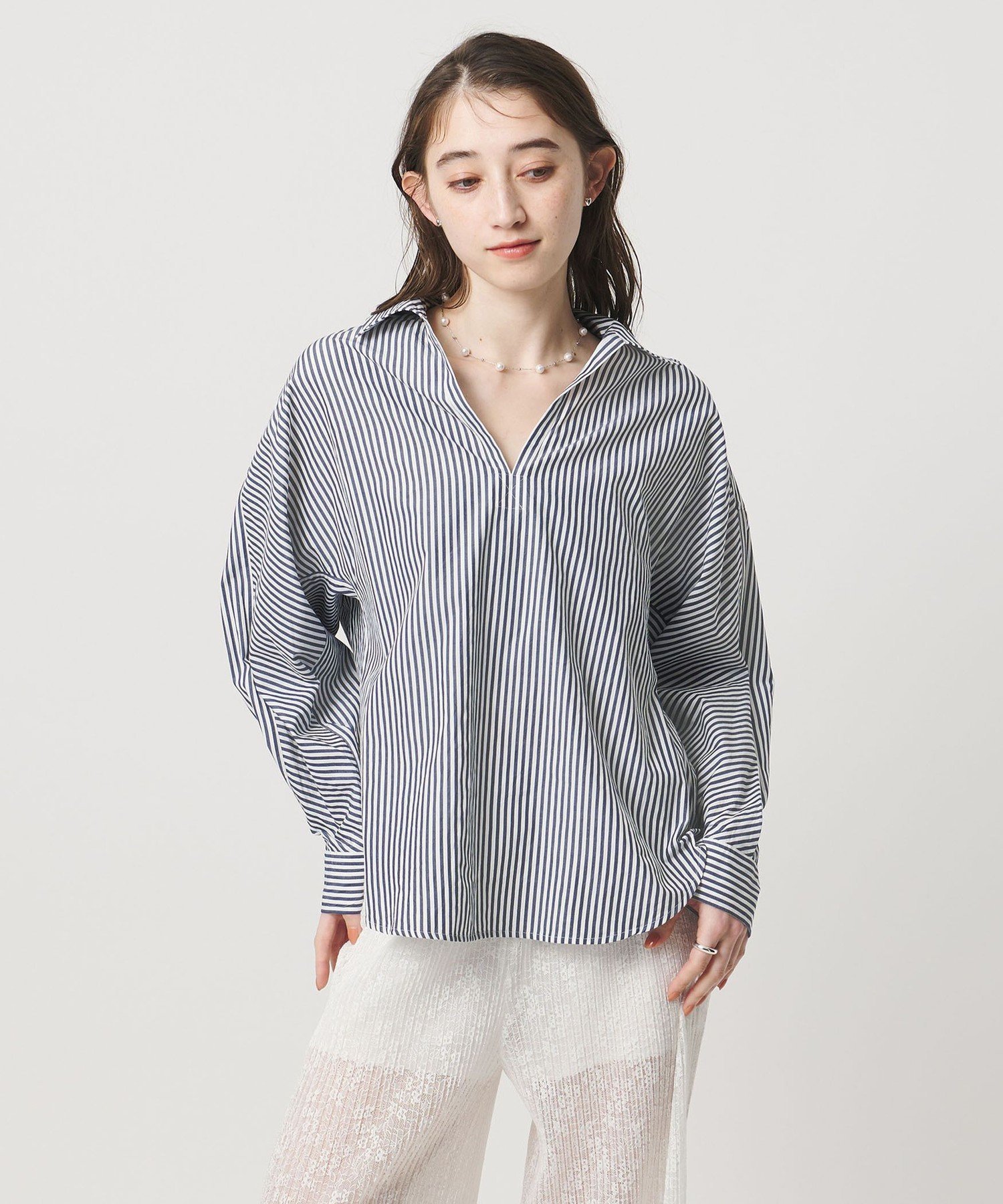 美品▲TICCA //ブルーストライプ長袖シャツ▲スキッパー プルオーバー 美品△TICCA ティッカ//ブルーストライプ スキッパーロングシャツ