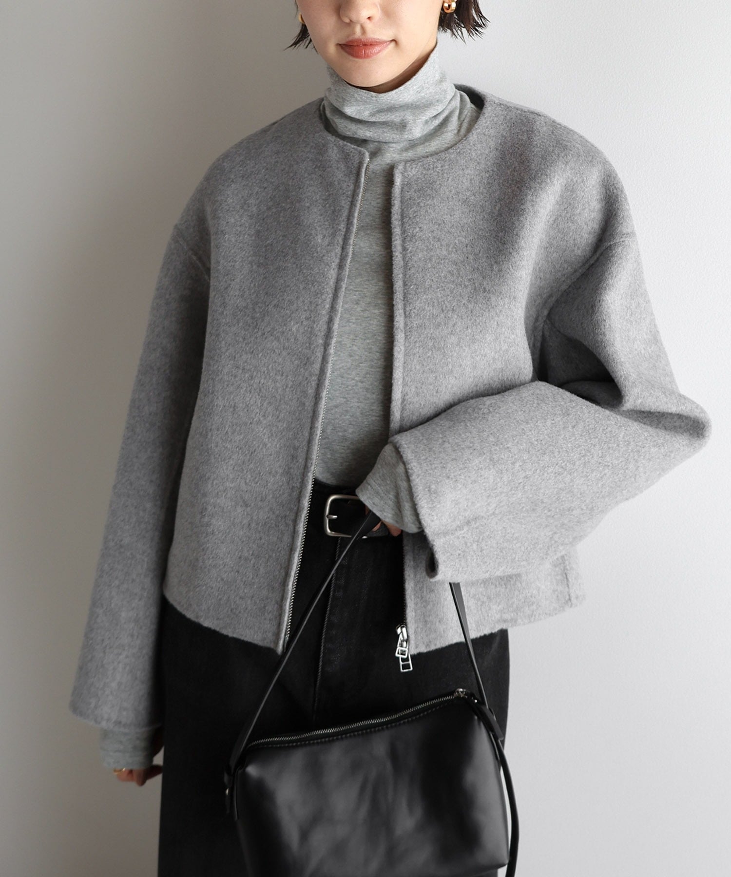 andme｜リバー ジップ ノーカラー ショート コート evernavy エバー