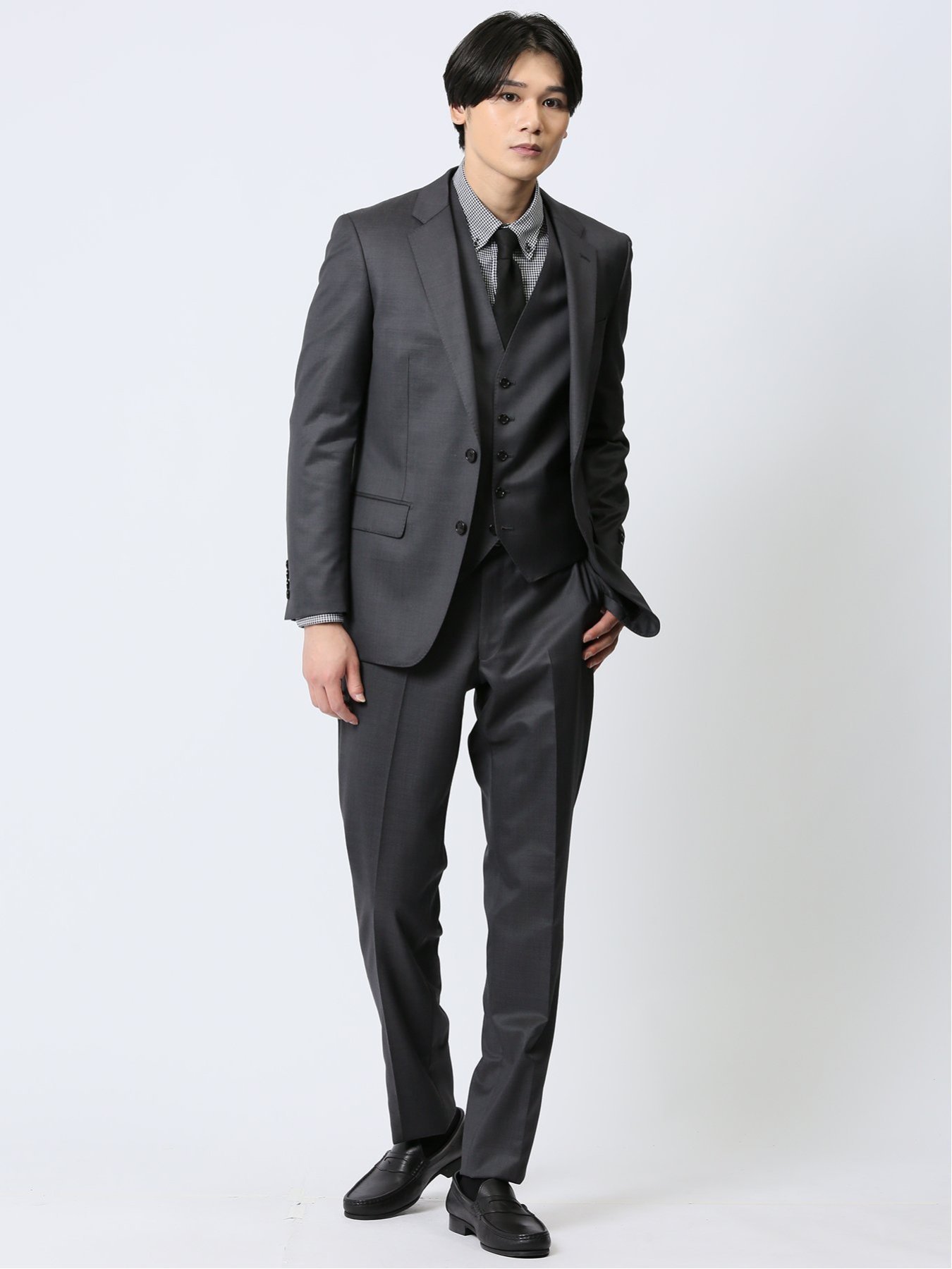 TAKA-Q｜光沢ウール混 スリムフィット 2ボタン3ピーススーツ 組織