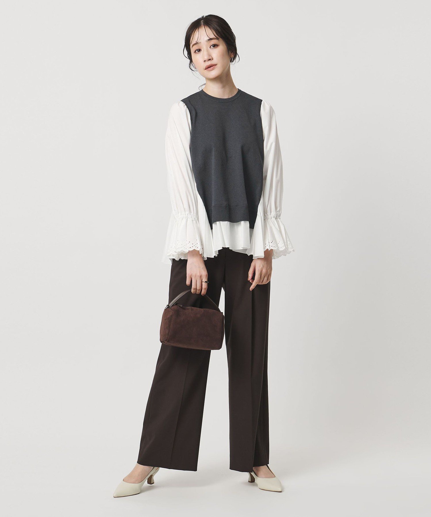 UNITED ARROWS｜プリーツ コンビ ニット ブラウス -ウォッシャブル