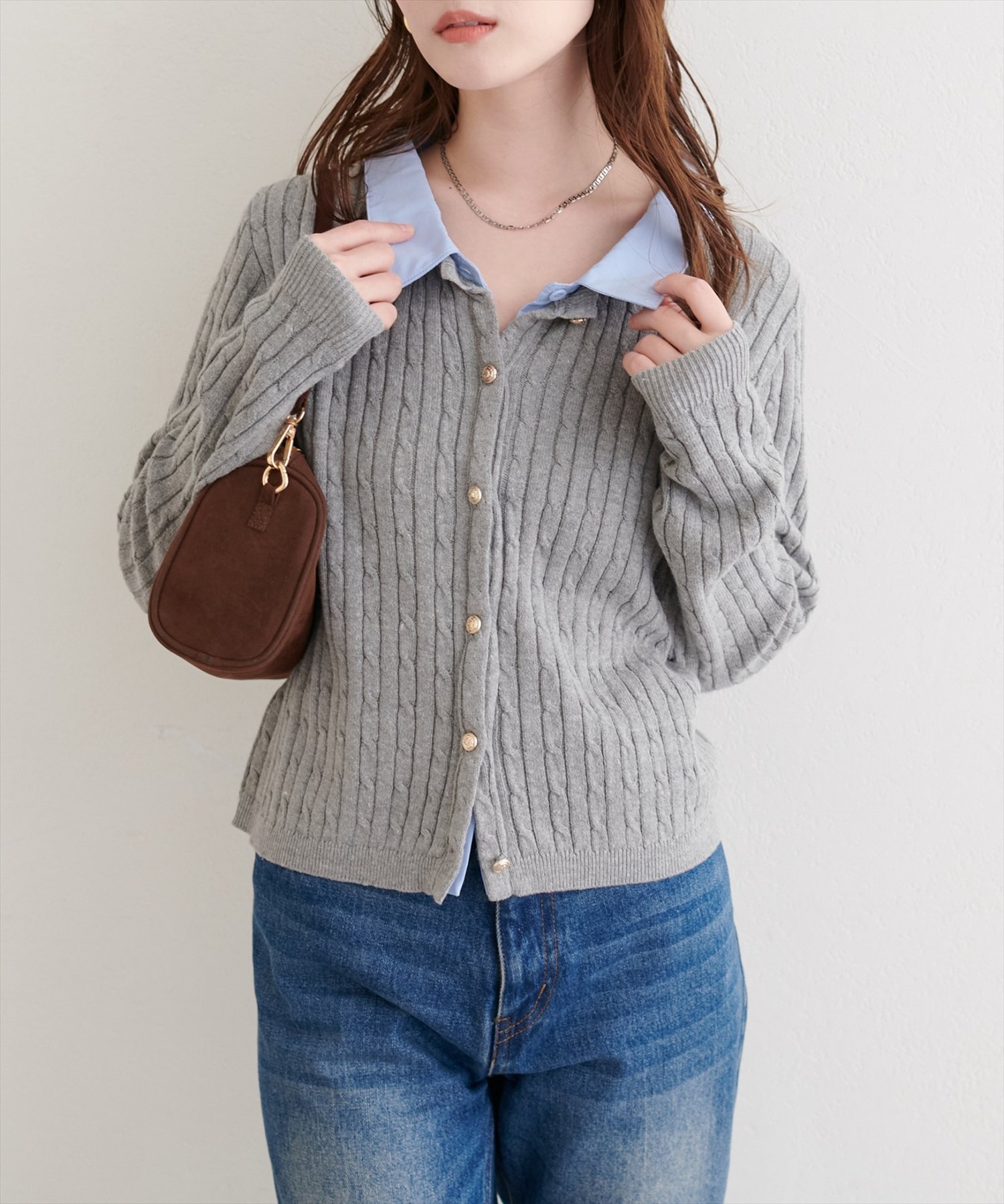 natural couture｜レイヤード風衿付きケーブルカーディガン | Rakuten