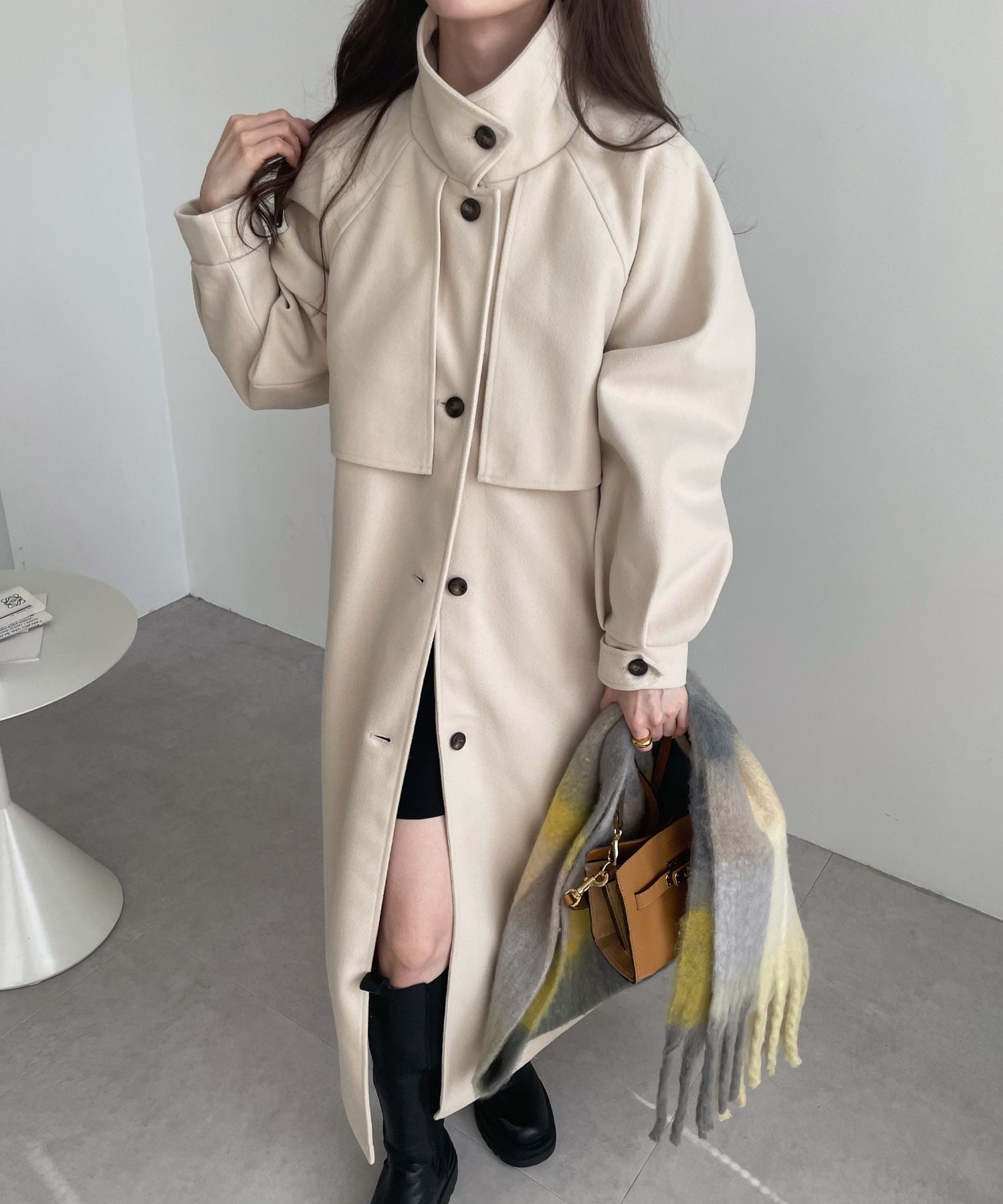 andme｜フェイクウール ウエストベルト付き ロング丈トレンチコート