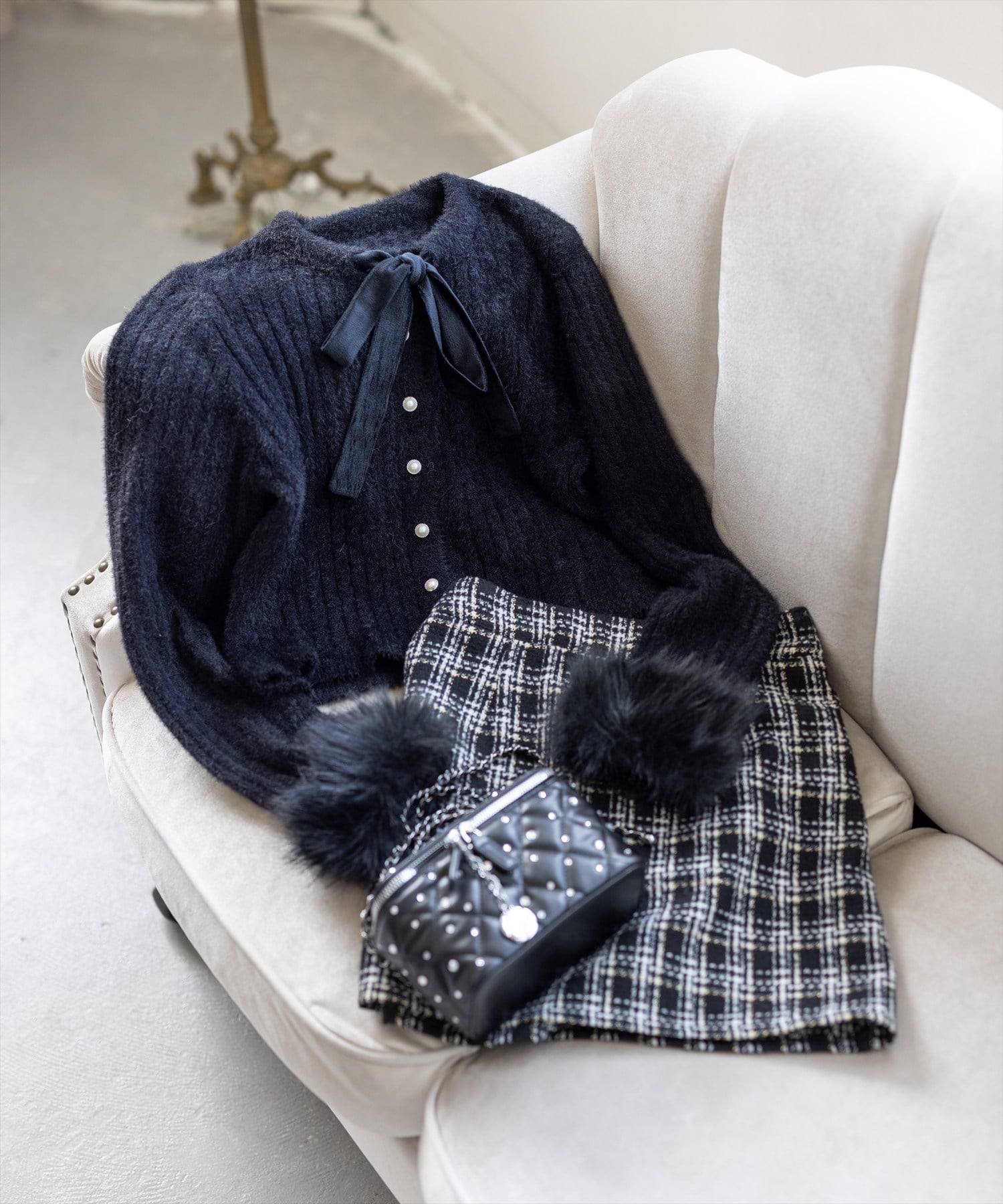 clear｜リボン付き袖口ファーニットカーディガン | Rakuten Fashion