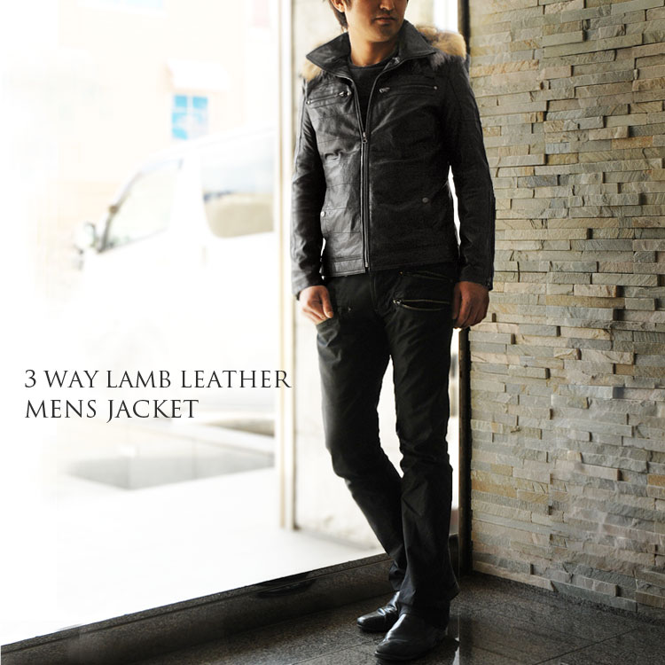 楽天市場】ラム レザージャケット フード付 ファー付き メンズ