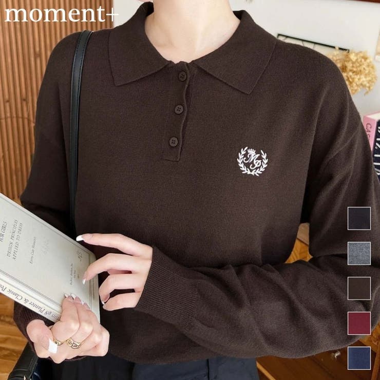 楽天市場】moment+ ワンポイント刺繍入り衿付きポロニット12G トップス
