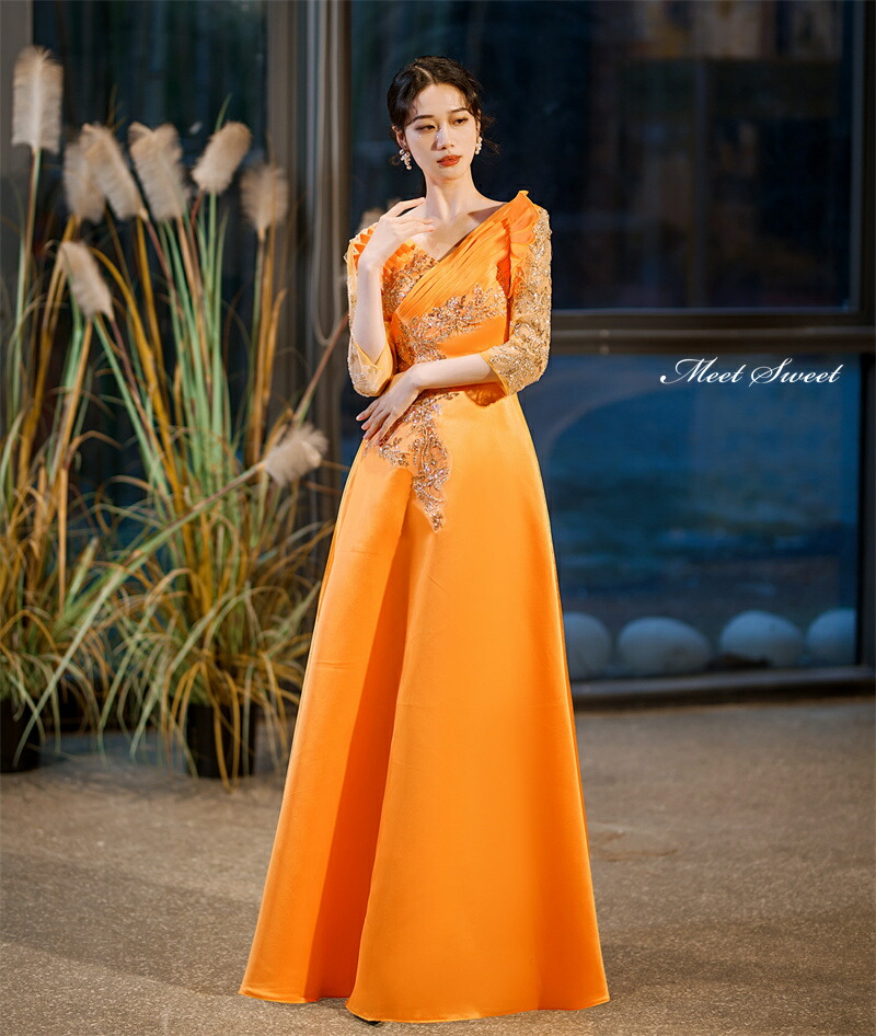 楽天市場】カラードレス Aラインドレス ロングドレス オレンジ サテン