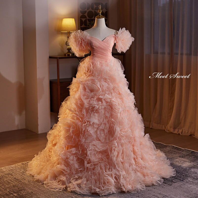 楽天市場】カラードレス プリンセスライン ピンク フリル ロングドレス