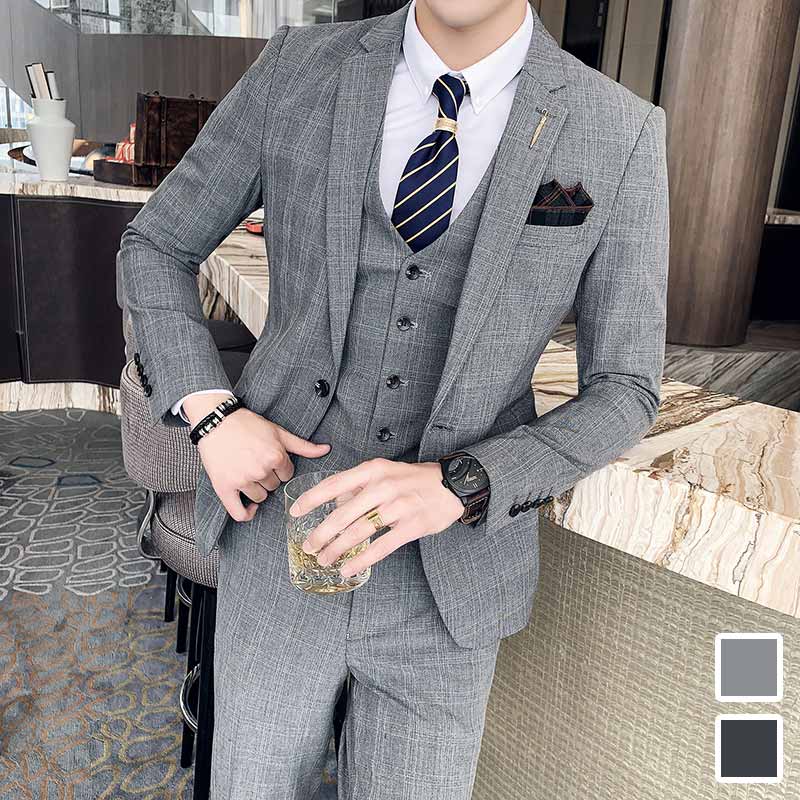 楽天市場】送料無料 メンズスーツ グレー スリーピース 長袖スーツ