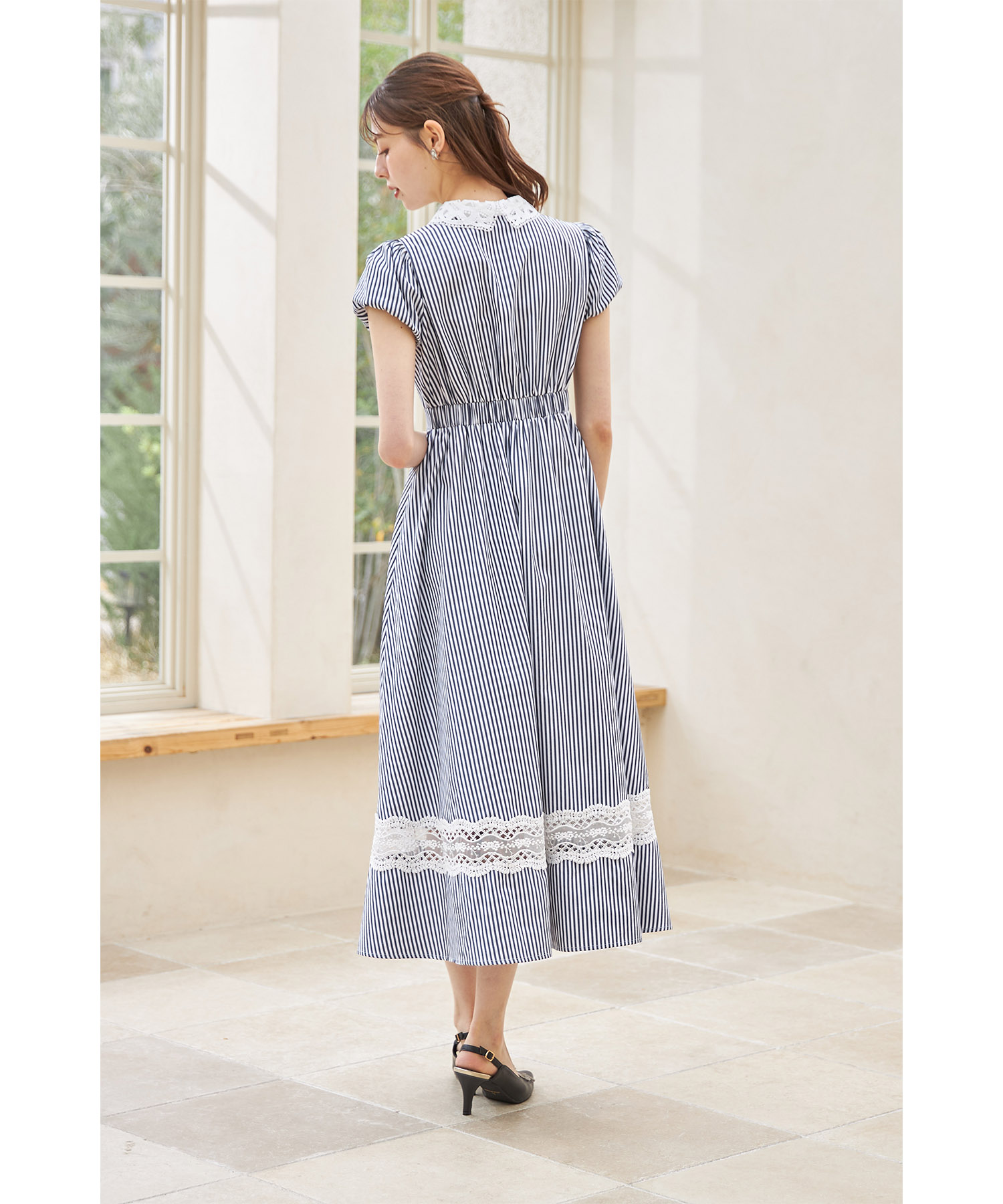 楽天市場】パール釦レース×ストライプシャツワンピース【fadisea