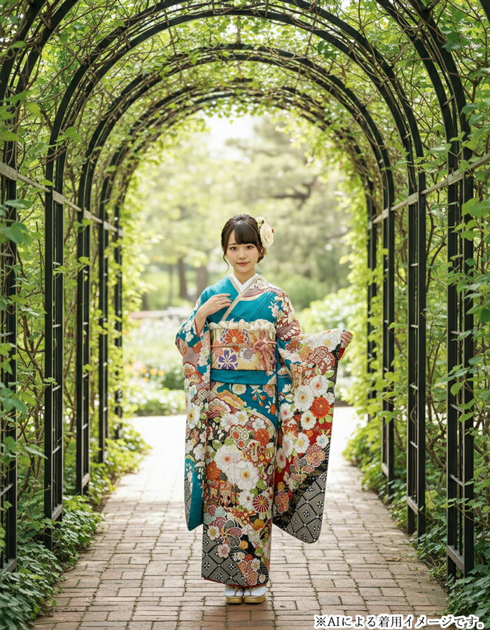 楽天市場】仕立て付き 正絹 振袖 フルセット32点 f-006 青緑